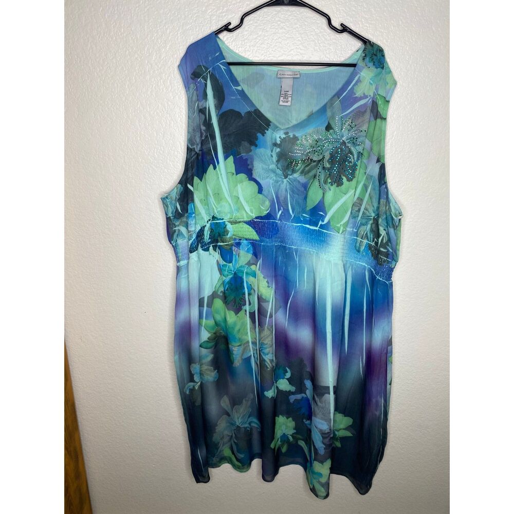 Catherines sleeveless blue dress vneck floral summer vacation coastal beach 34w